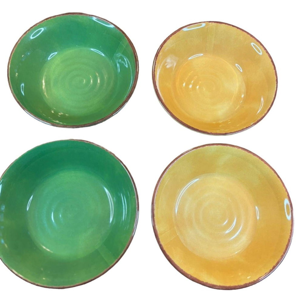 Set of 4 Target Home Threshold Melamine bowls, brown edge, turquoise/yellowswirl